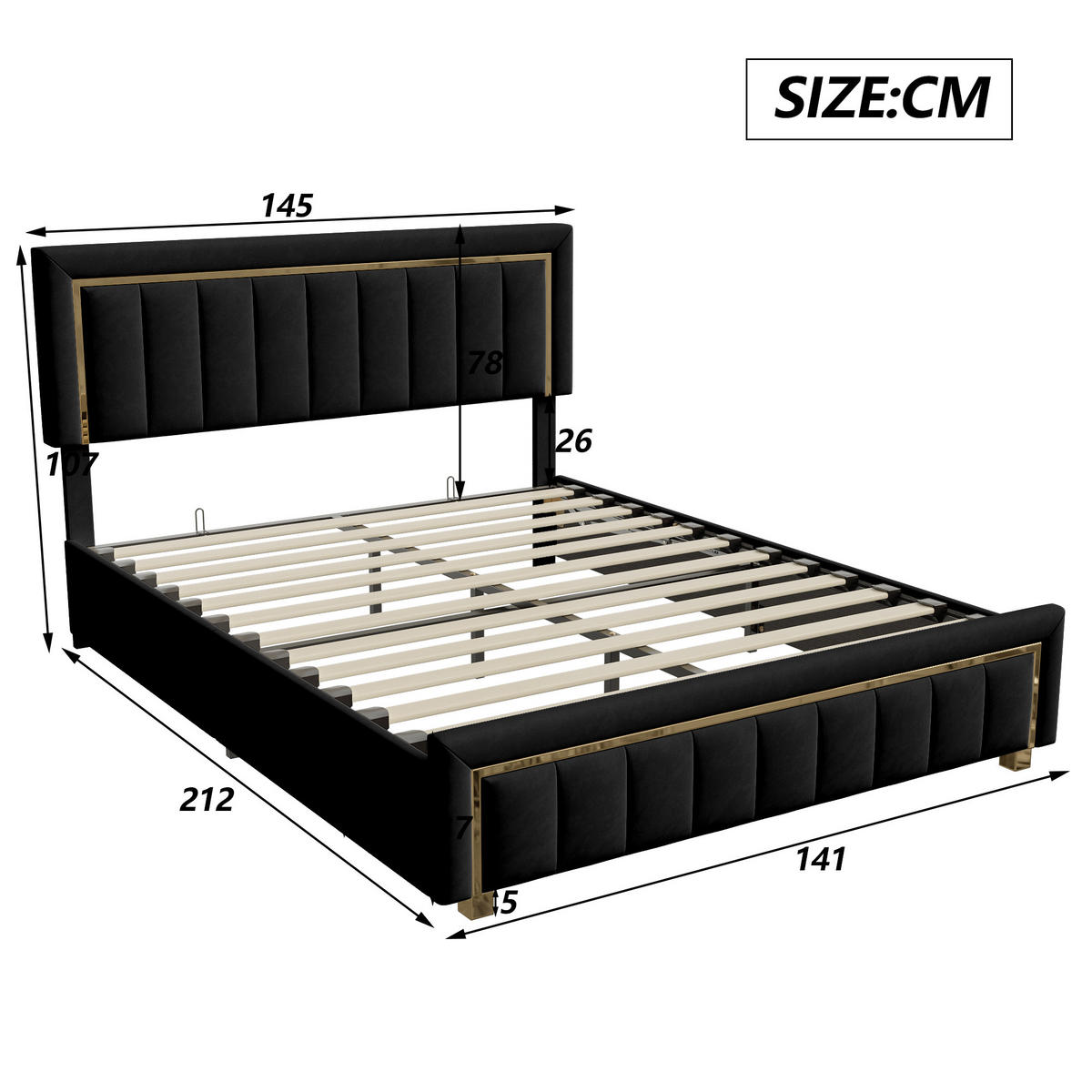 POLSTERBETT 140x200 cm Bettkasten Samt Goldrahmen schwarz - Schwarz, Holz (140/200cm) - LEBENLANG