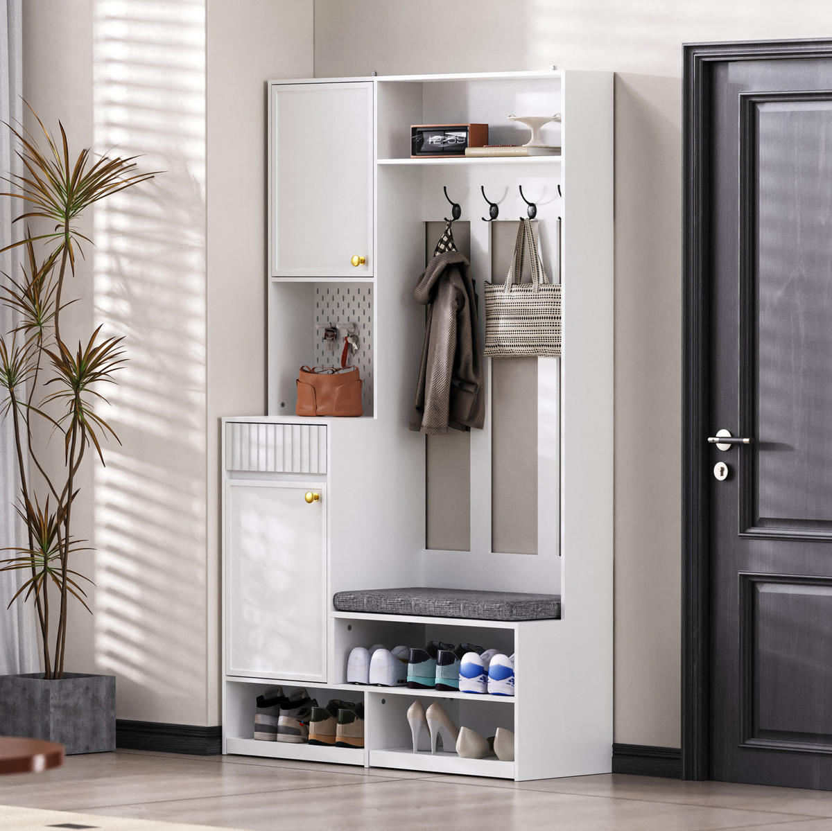 GARDEROBENSET 35/100/180 cm mit Sitzbank, 4 Haken, Schubladen und Schrank aus MDF, Weiß - Weiß, Holzwerkstoff (100/180/35cm) - Redom