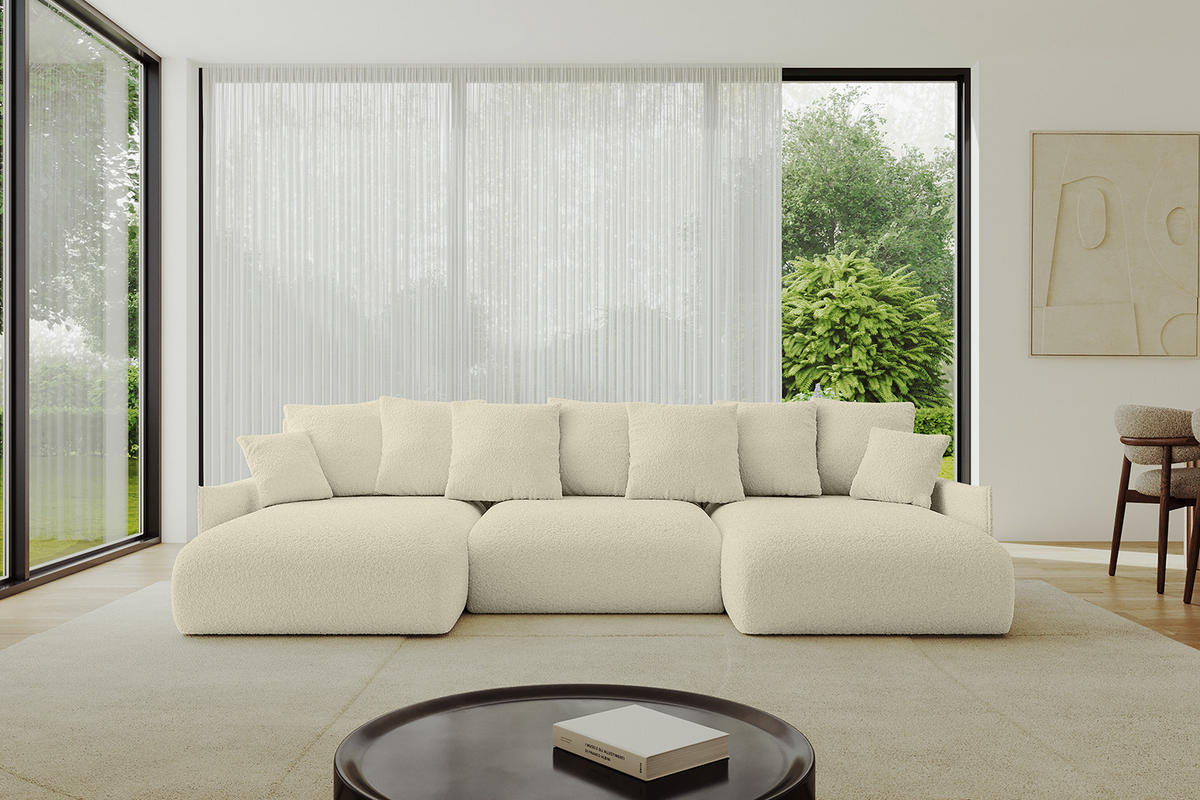 WOHNLANDSCHAFT mit Schlaffunktion und Bettkasten ONESK-U-v1 304x165x40 Beige Bouclé - Beige, Holzwerkstoff/Kunststoff (304/90/165cm) - ALTDECOR