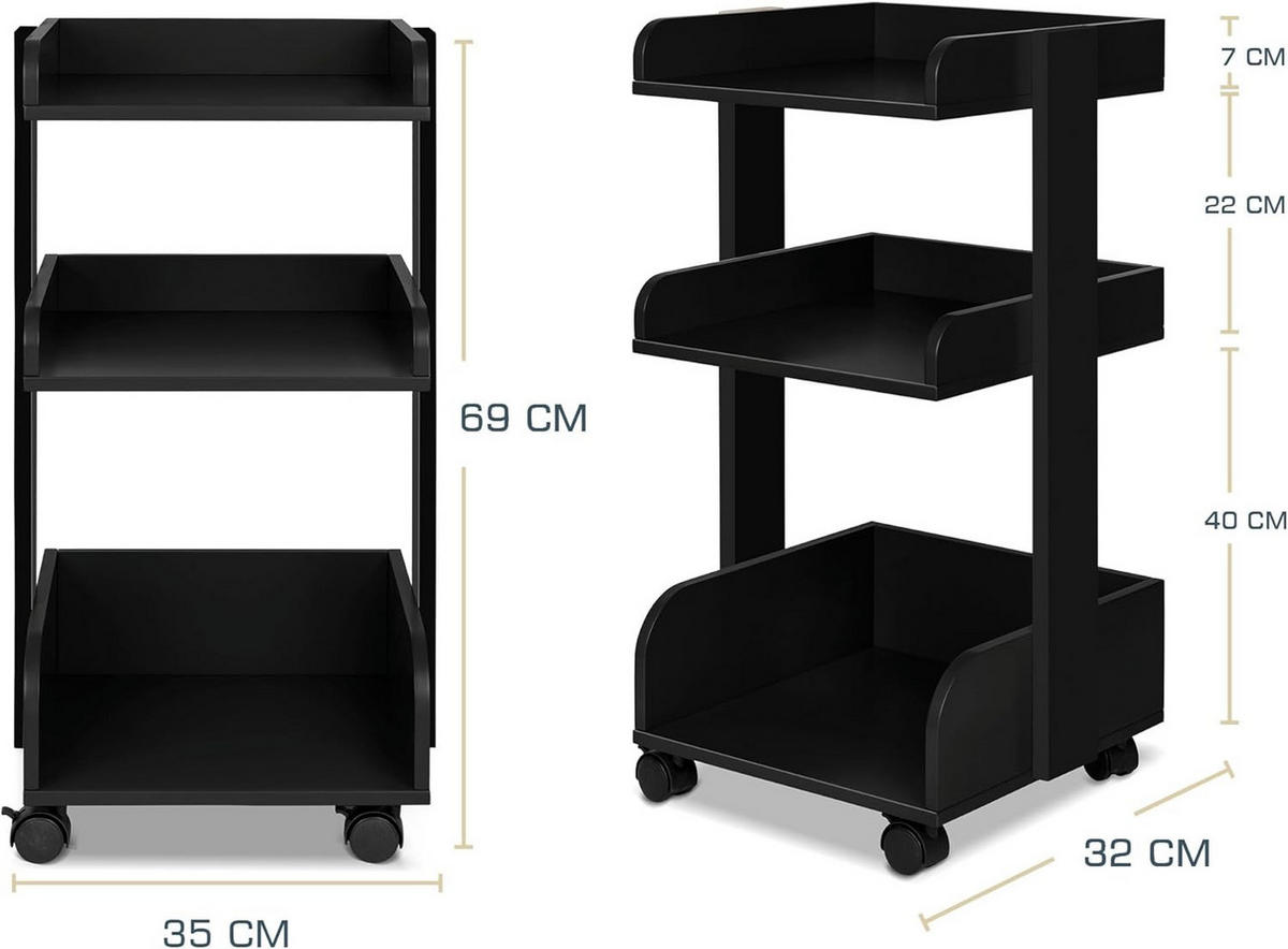 ROLLWAGEN Bosse Schwarz - Schwarz Hochglanz/Robinienfarben, Holzwerkstoff (32/69/35cm) - BoMoe
