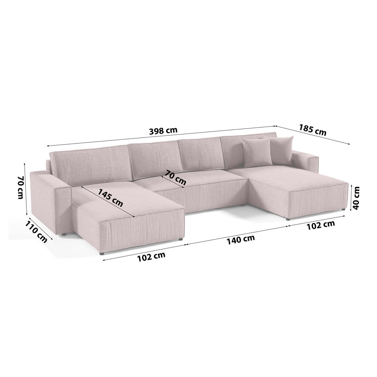 WOHNLANDSCHAFT Sekwana U Rosa - Altrosa, Naturmaterialien (185/70/398cm) - Fedve