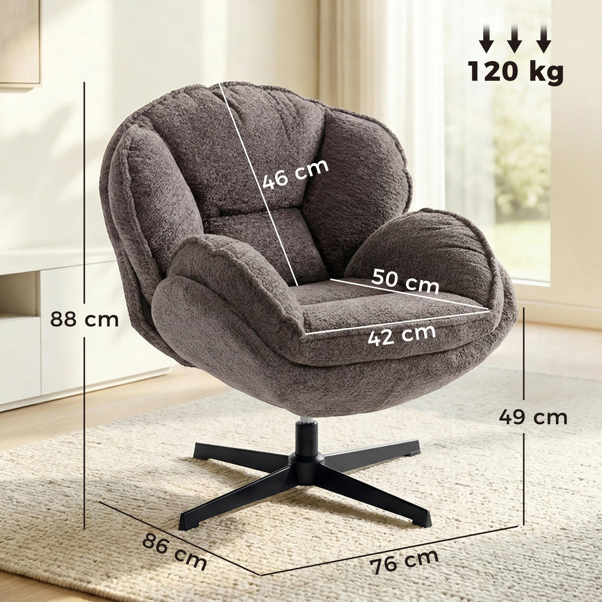 WINGBACK-SESSEL DE-06919 Samt, Vier-Sterne-Basis & 360° Drehung Grau - Grau, Textil/Metall (76/88/86cm) - ComfortXL