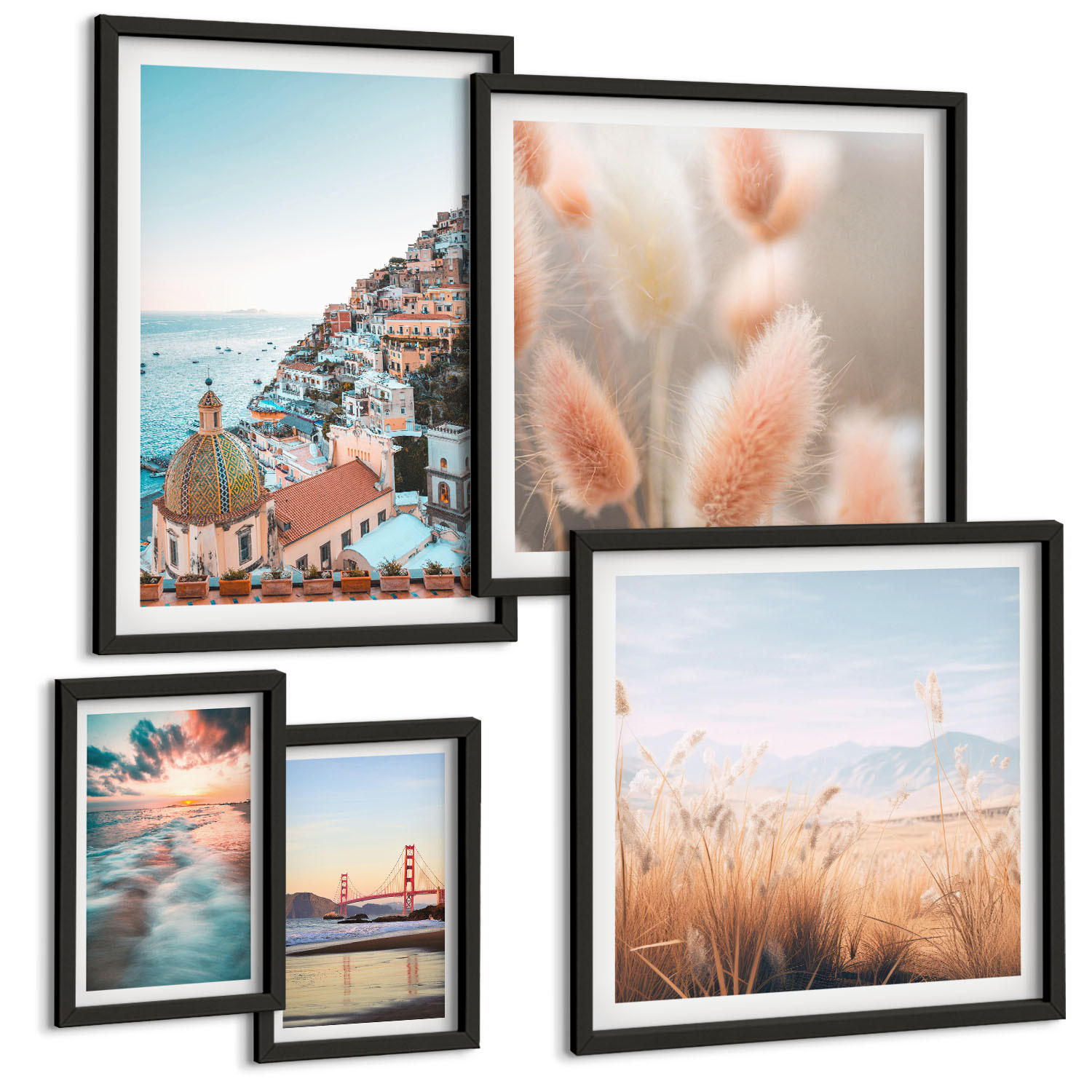 BILDER SET 5er Set - 50x50 cm & 20x30 cm & 40x60 cm Schwarzer Rahmen - Sonnenuntergang am Meer, Häuser, Blumen - Schwarz, Kunststoff (40/60cm) - TULUP