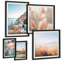 BILDER SET 5er Set - 50x50 cm & 20x30 cm & 40x60 cm Schwarzer Rahmen - Sonnenuntergang am Meer, Häuser, Blumen - Schwarz, Kunststoff (40/60cm) - TULUP