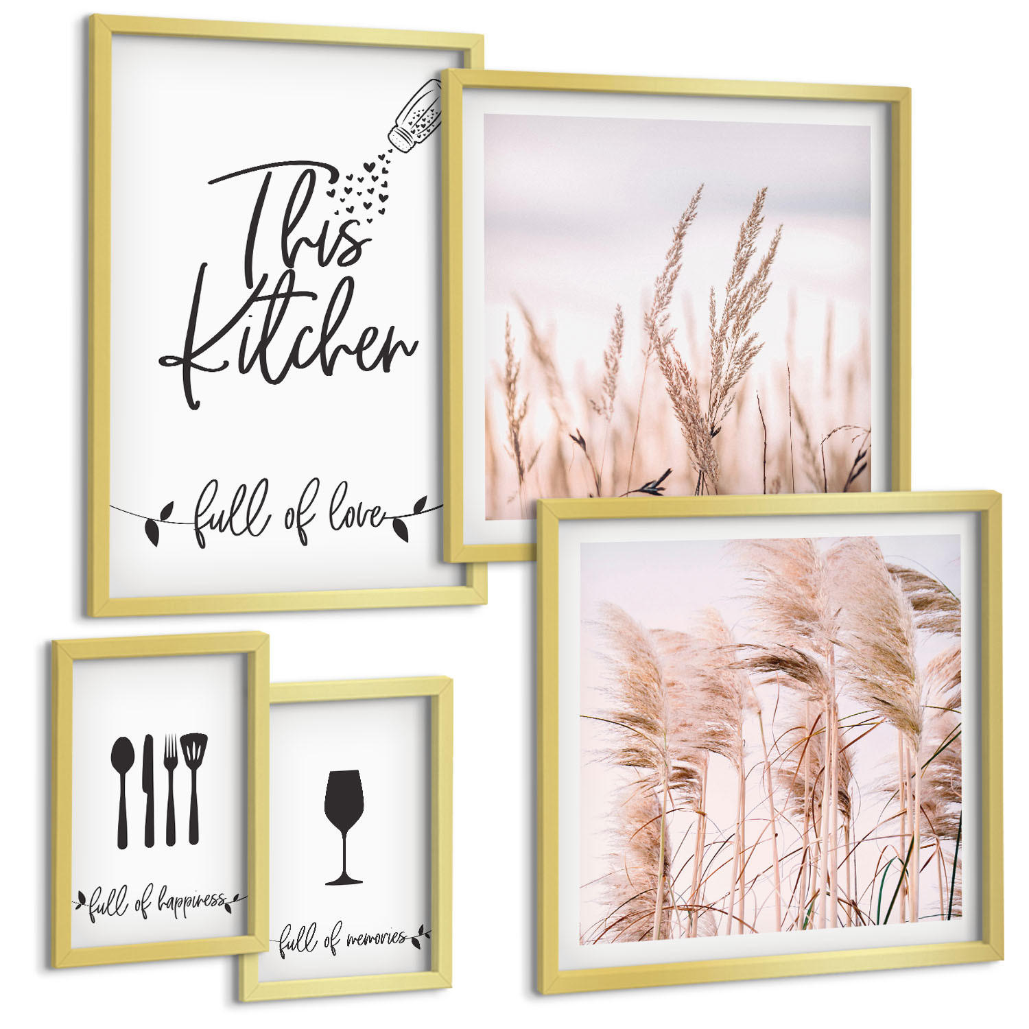 BILDER SET 5er Set - 50x50 cm & 20x30 cm & 40x60 cm Goldrahmen - Abstrakte Blattmalerei - Goldfarben, Kunststoff (40/60cm) - TULUP