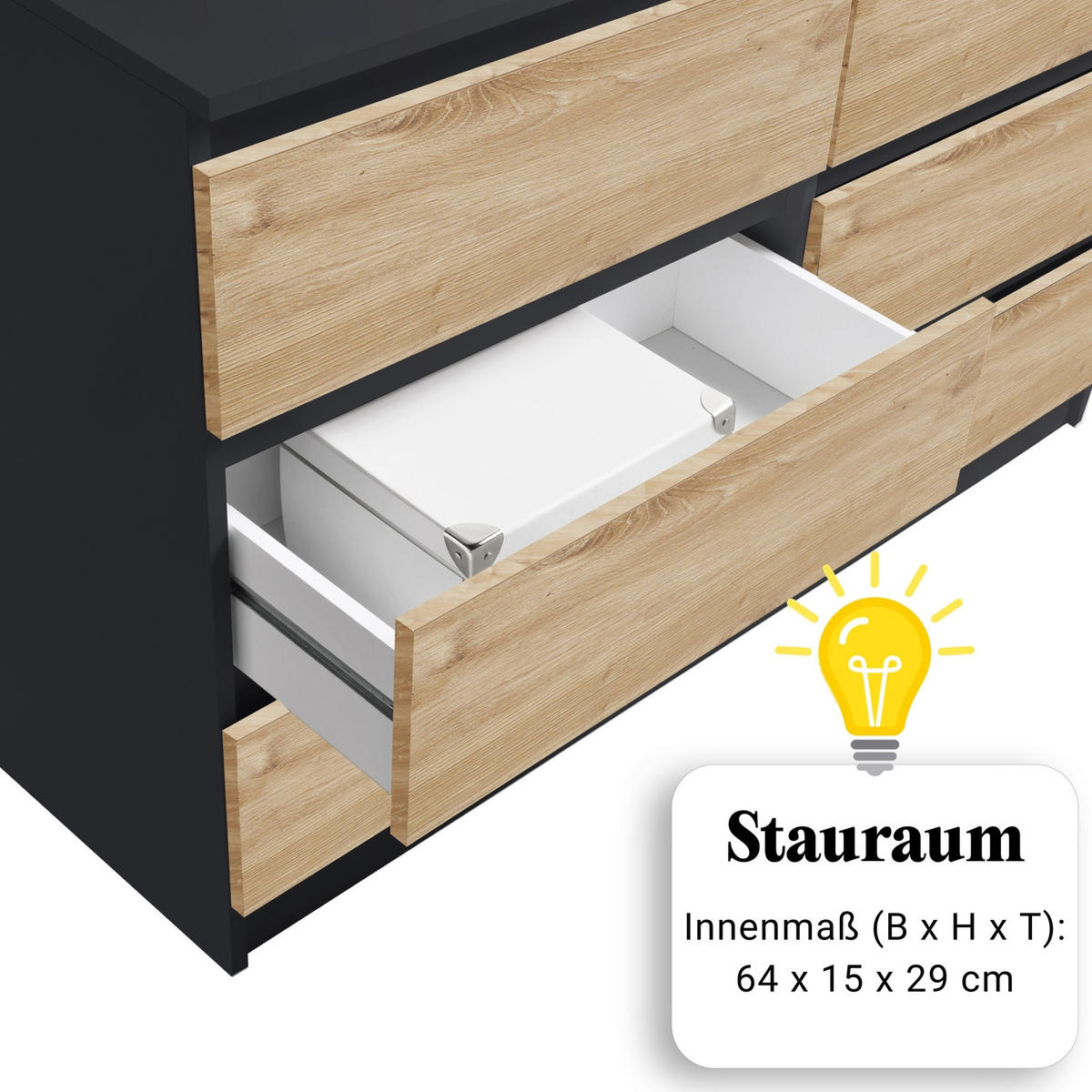 KOMMODE mit 6 Schubladen 140 cm breit in anthrazit-eiche - Eichefarben/Anthrazit, Holzwerkstoff (140/78/35cm) - Home Collective
