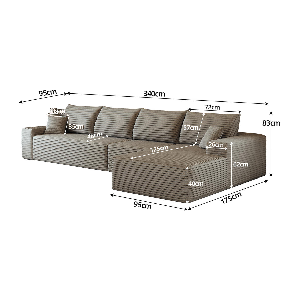 ECKSOFA 340/175/83 cm Kamel mit L-förmiger Chaiselongue, Rechte Seite - Braun/Cappuccino, Textil (340/175cm) - Oxeza