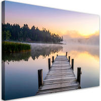 LEINWANDBILD Aussicht Steg See Wald im Nebel 120x80cm - Grau, Textil (120/80cm) - Feeby