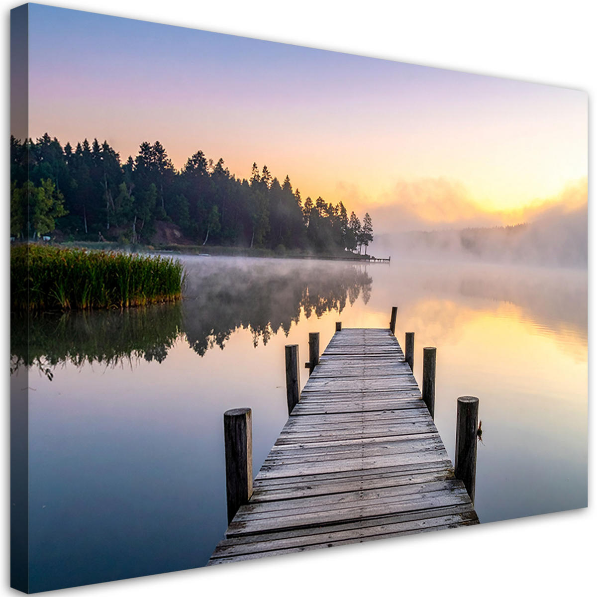 LEINWANDBILD Aussicht Steg See Wald im Nebel 120x80cm - Grau, Textil (120/80cm) - Feeby