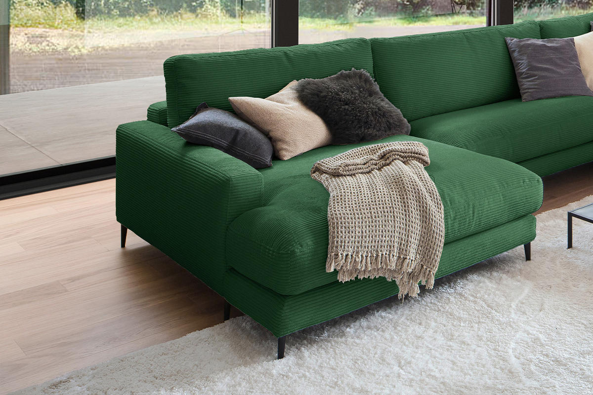 WOHNLANDSCHAFT CARA Smaragdgrün Cord - Smaragdgrün/Schwarz, Textil (341/84/223cm) - KAWOLA
