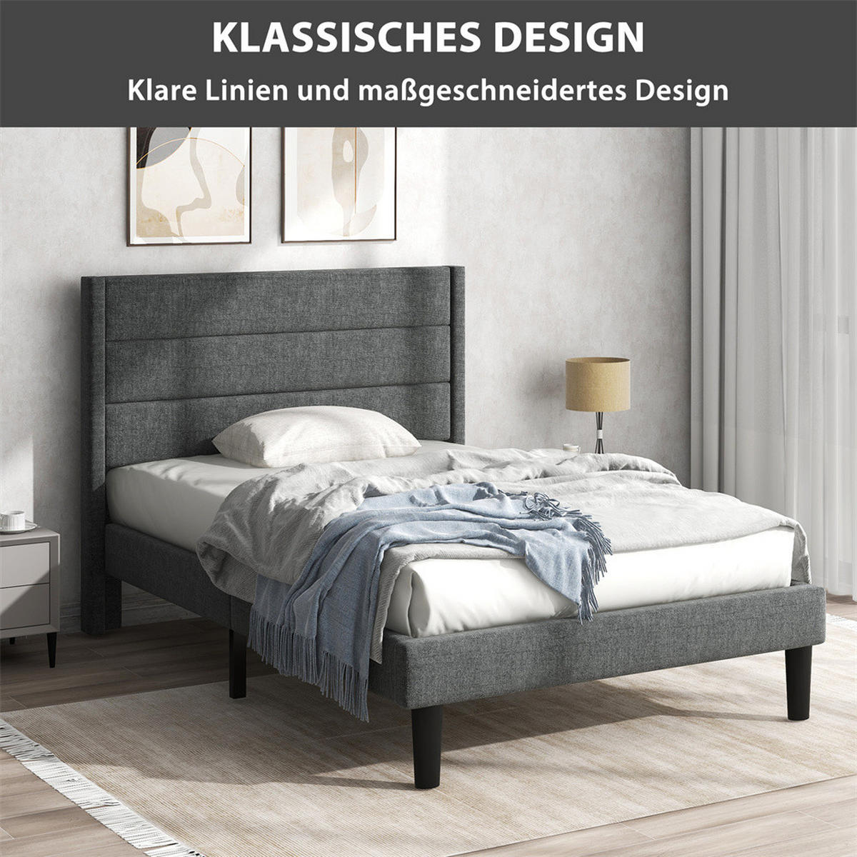 POLSTERBETT 90/200 cm in Grau Leinen - Dunkelgrau, Holz/Textil (90/200cm) - KOMHTOM