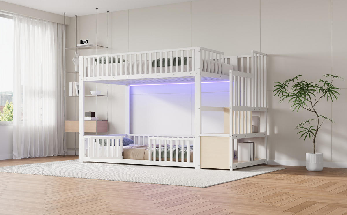ETAGENBETT 90/200 cm in Weiß mit Stauraumleiter, LED und Schutzgittern - Weiß, Holzwerkstoff/Metall (90/200cm) - CHICFURN
