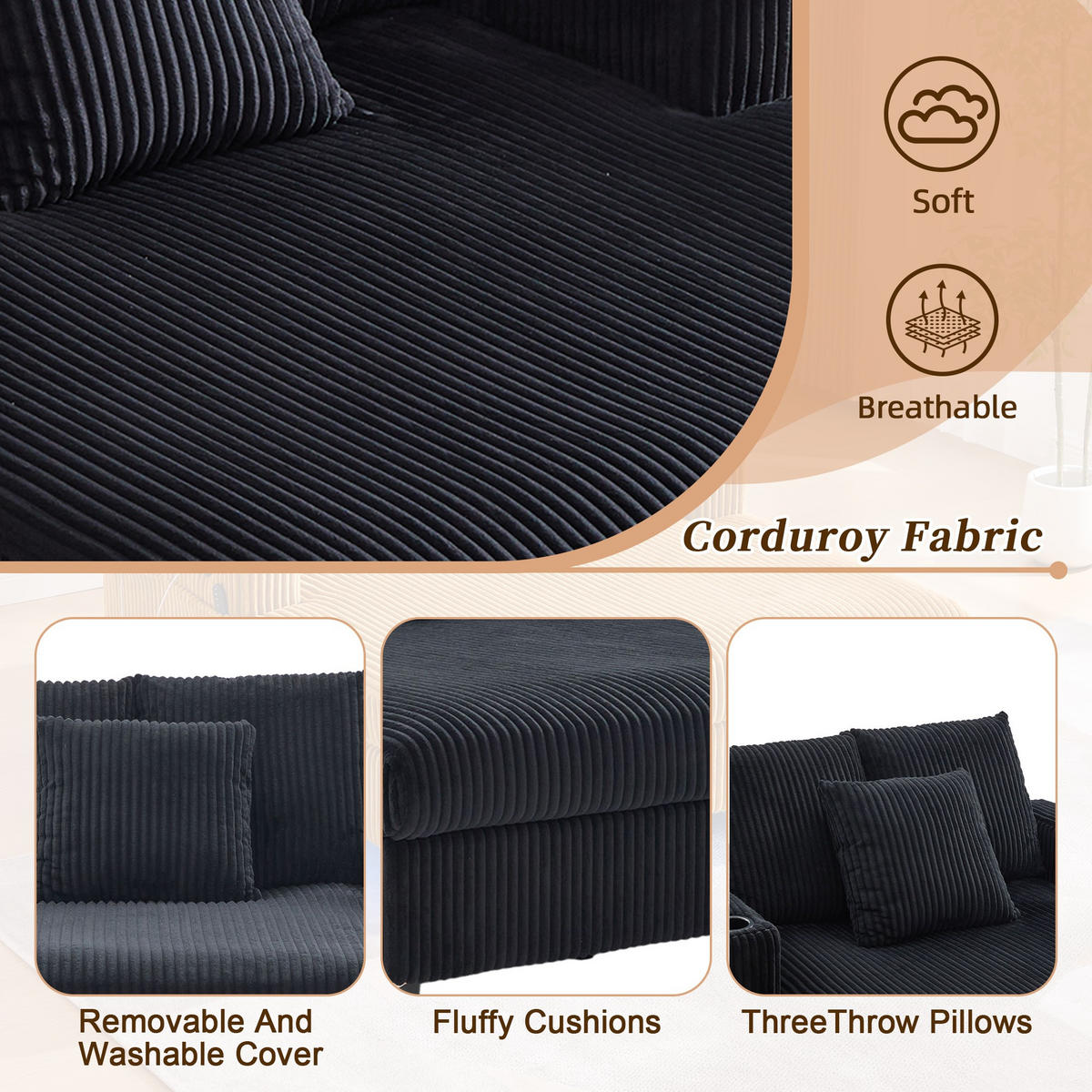 RELAXLIEGE XXL Polsterliege,Relaxsessel,3 Zierkissen,Cord,Schwarz - Schwarz, Textil (128/85/142cm) - LVHOM