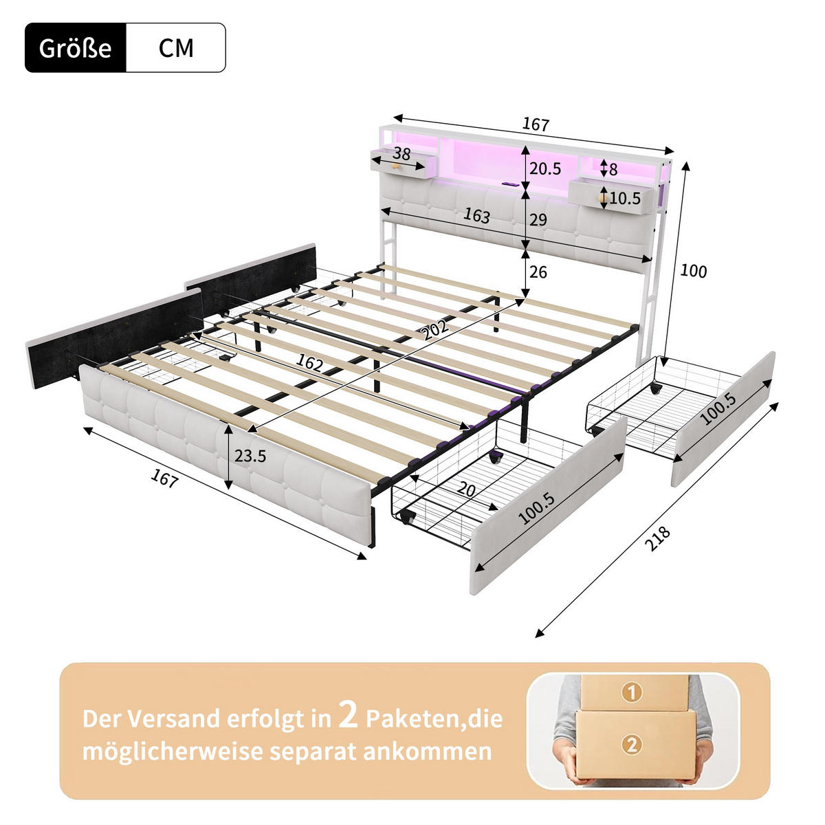 STAURAUMBETT 160/200 cm aus Samt, mit 4 seitlichen Schubladen + 2 Kopfteil-Schubladen, LED und USB-Anschluss, Beige - Beige, Holzwerkstoff (140/200cm) - Brevoria