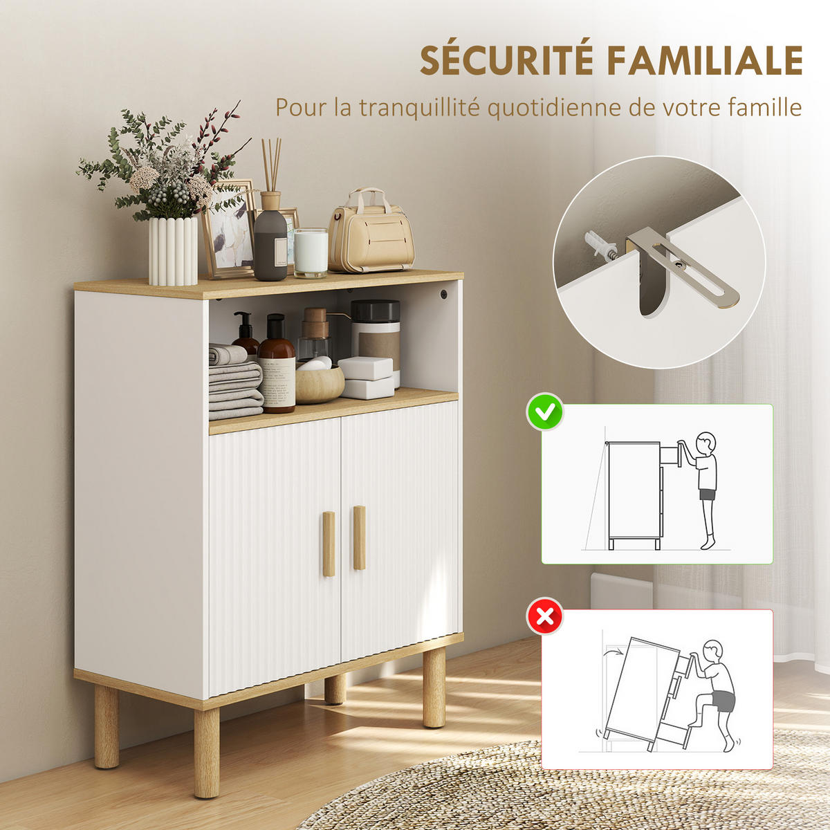 BADMÖBEL DE-17355 ausziehbarer Wäschekorb, 3-in-1 Natur - Weiß, Holzwerkstoff (60/76.5/29.5cm) - ComfortXL