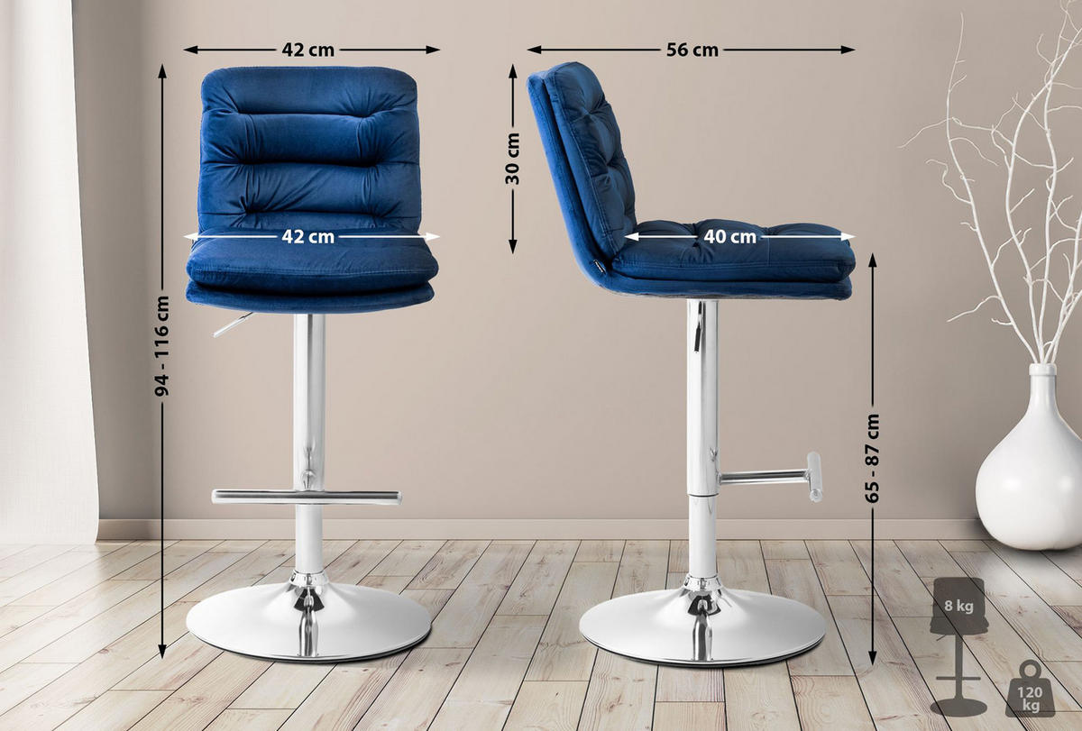 BARHOCKER 2er Set Diamant Samt chrom blau - Blau/Chromfarben, Textil/Metall (42/116/56cm) - TPFLiving