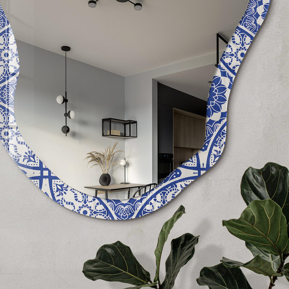 SPIEGEL 90x45 cm asymmetrisch mit Druck - Blaues Mosaik - Transparent, Glas (45/90/0.4cm) - TULUP