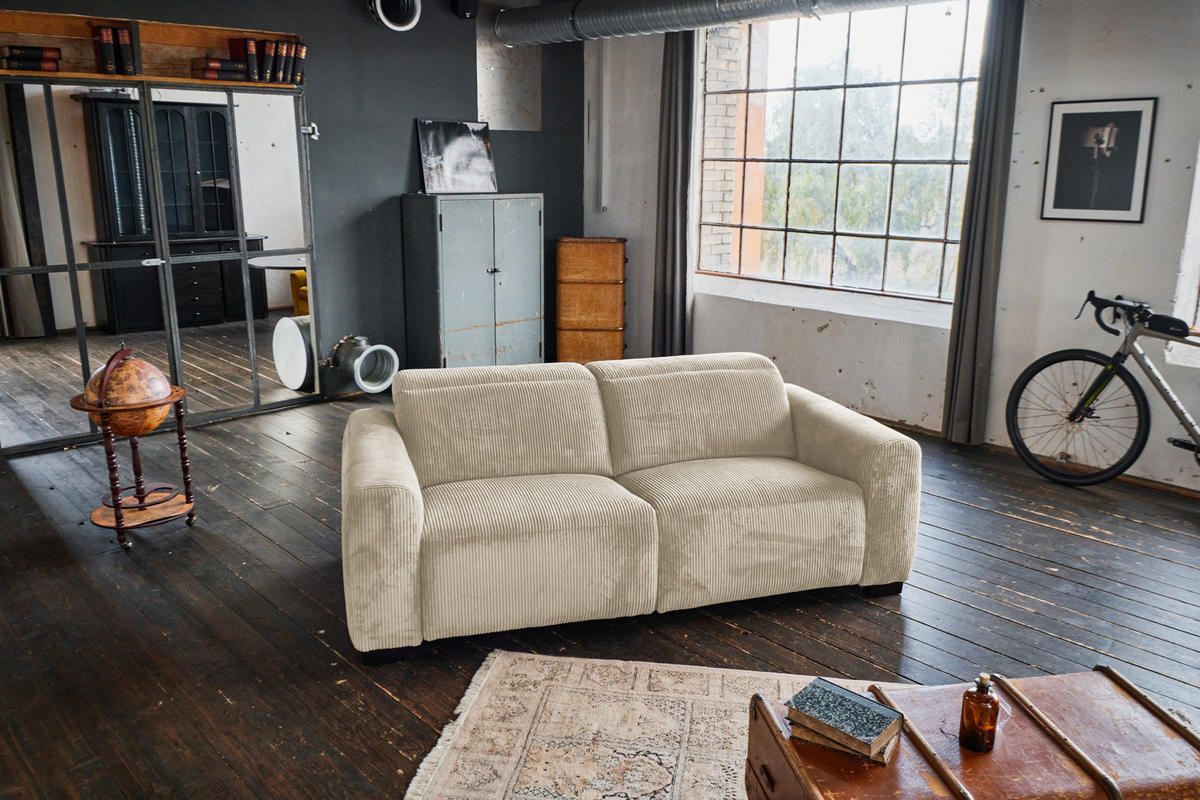 SOFA FINN Cremeweiß Cord - Creme/Schwarz, Kunststoff/Textil (210/80/107cm) - KAWOLA