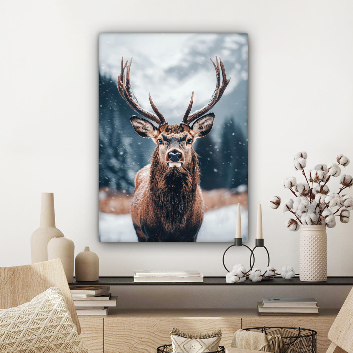 LEINWANDBILD Hirsche - Tiere - Landschaft - Winter - Schnee Wandbild Wohnzimmer 60x80 cm - Kastanienfarben, Textil (60/80cm) - MuchoWow