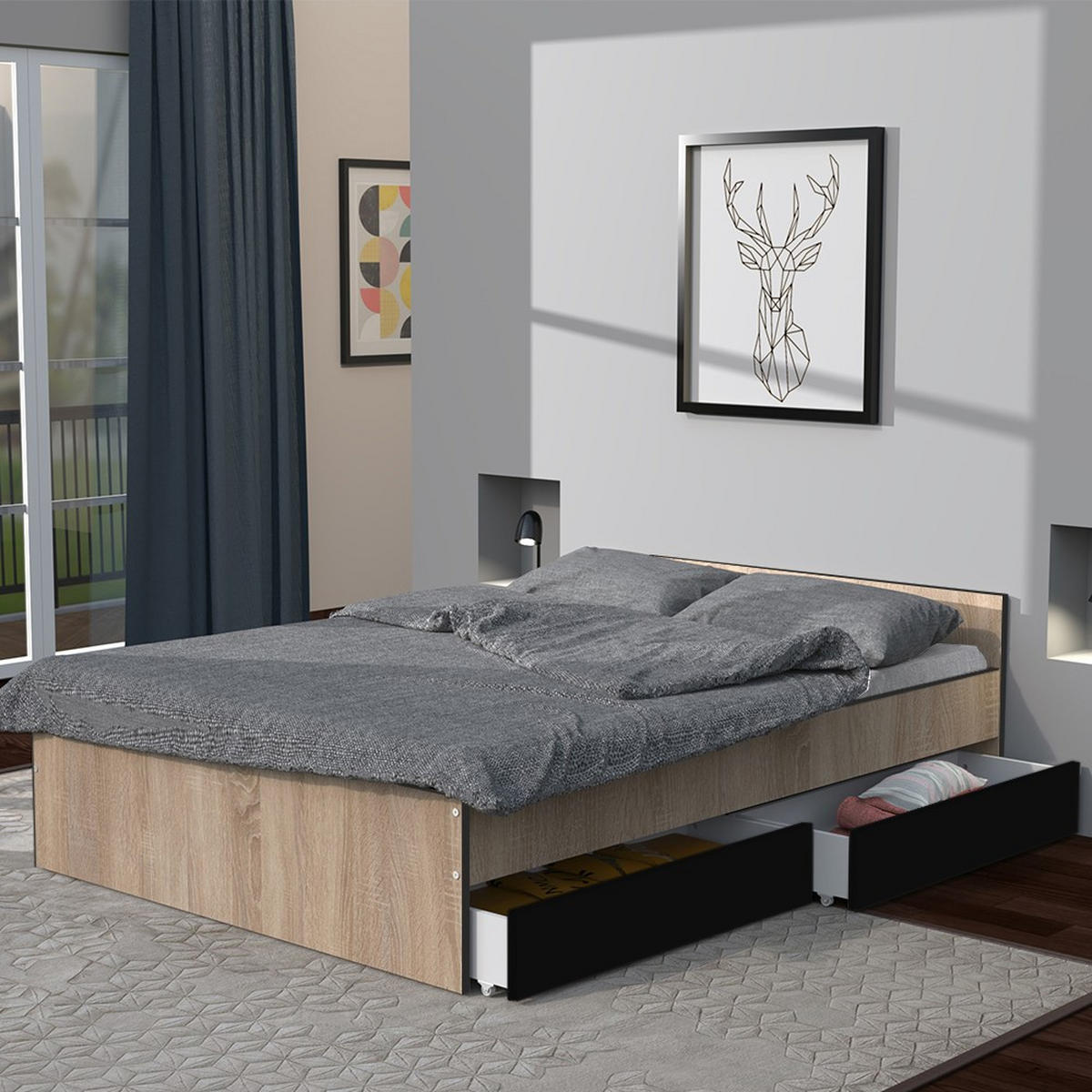BETT KAPPA mit Schubladen/ Bett 140x190 - Schwarz & Eiche Gebleicht Dekor - Multicolor, Holzwerkstoff (140/190cm) - Weber Industries