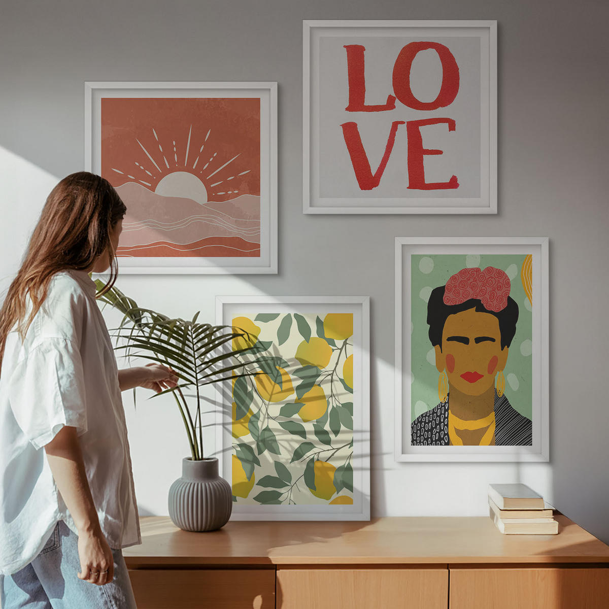 BILDER SET 4er Set - 50x50 cm & 40x60 cm Weißer Rahmen - Zitronen Inschrift Liebeslandschaft Frida - Weiß, Kunststoff (50/50cm) - TULUP