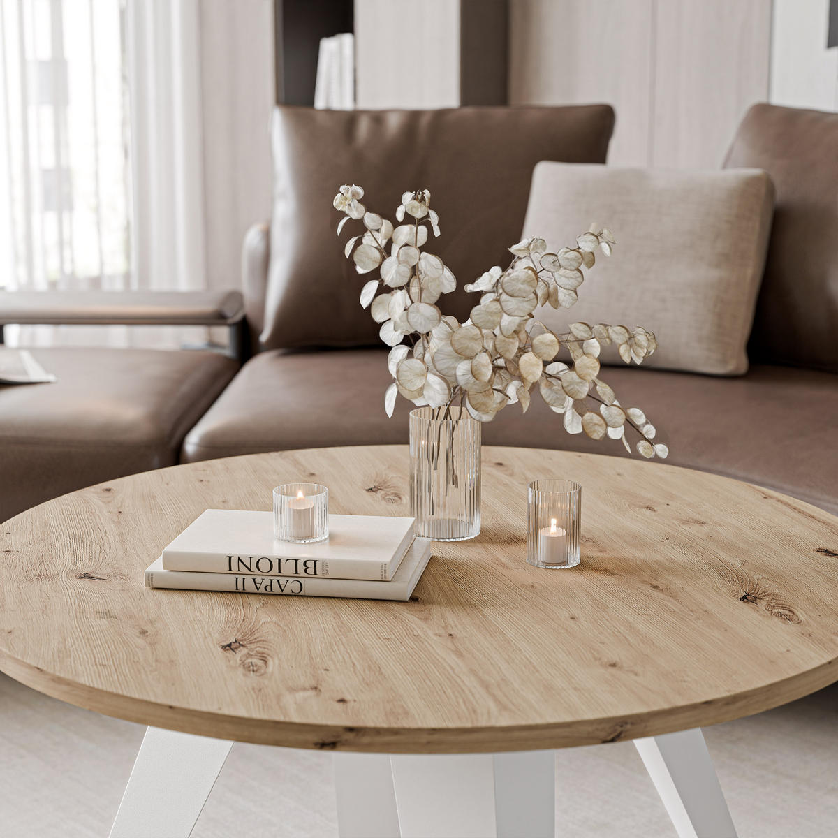 COUCHTISCH FRESCO 75/50 cm runden, Weiß / Artisan-Eiche - Weiß/Eiche Artisan, Metall (75/75/50cm) - Idohome