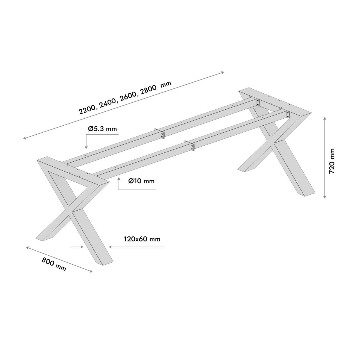 TISCHBEINE Belaga Extreme Schwarz Metall 240/80/72 cm - Schwarz, Metall (80/72/240cm) - Metalo Pro