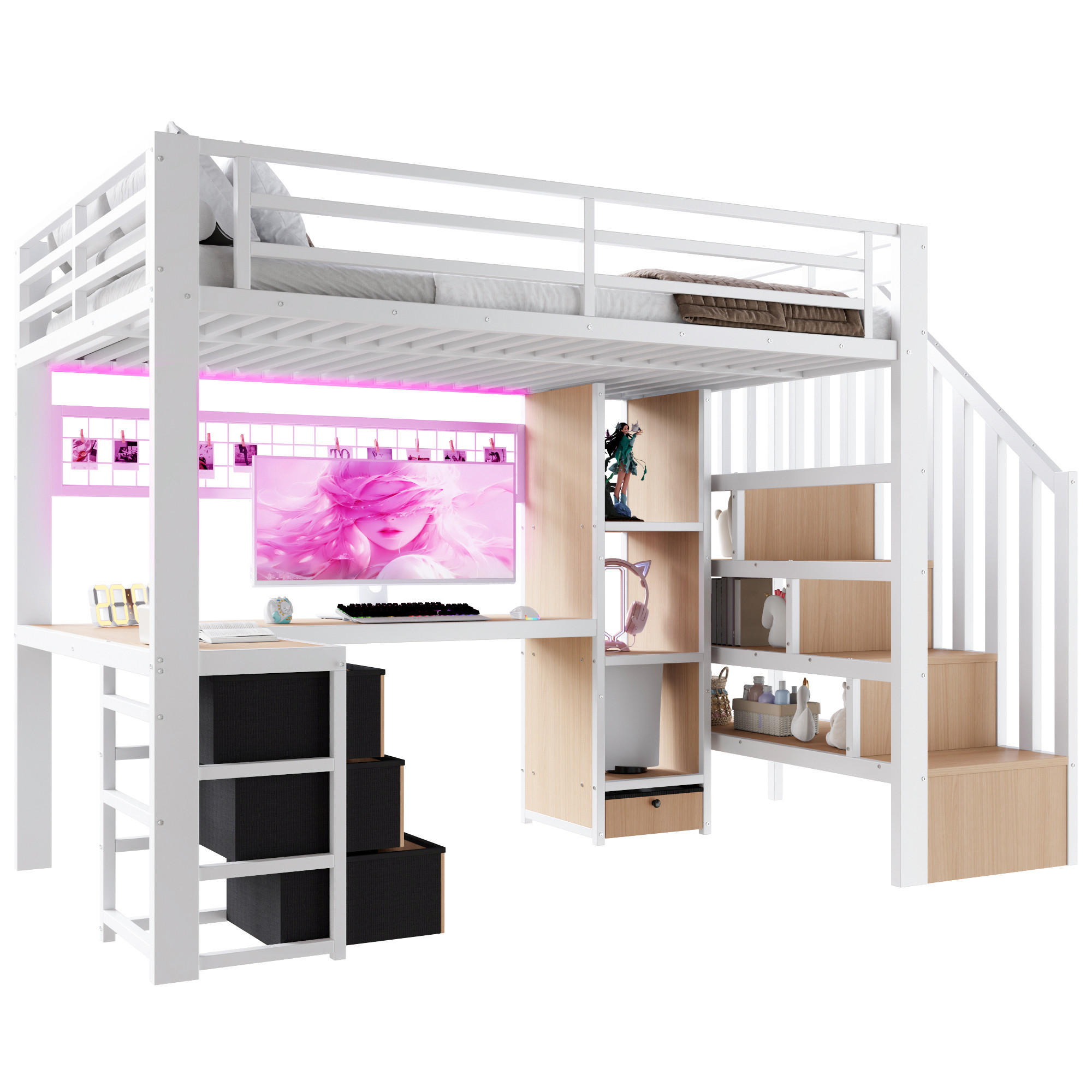 HOCHBETT 90/200 cm in Weiß mit 4 Schubladen, LED und Schreibtisch - Weiß, Holzwerkstoff/Metall (90/200cm) - STILVORA