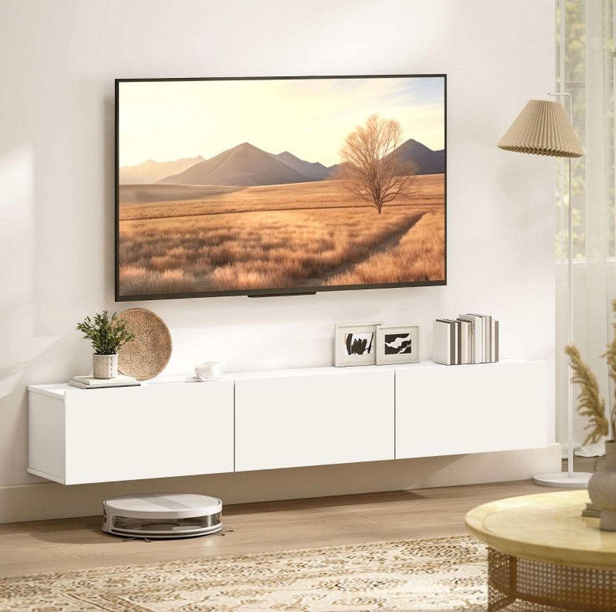 ZÁVĚSNÁ TV komoda 180 cm s nástěnnou montáží, 3 výklopnými dvířky a tichým dovíráním, Bílá - bílá, kompozitní dřevo (180/29.8/31.5cm) - Redom
