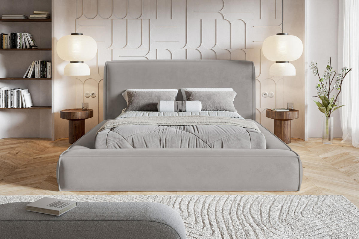 POLSTERBETT 160x200 Karano, Dicker Schaum, Bettkasten, Samt, Hellgrau - Hellgrau, Holz/Textil (160/200cm) - Emporius