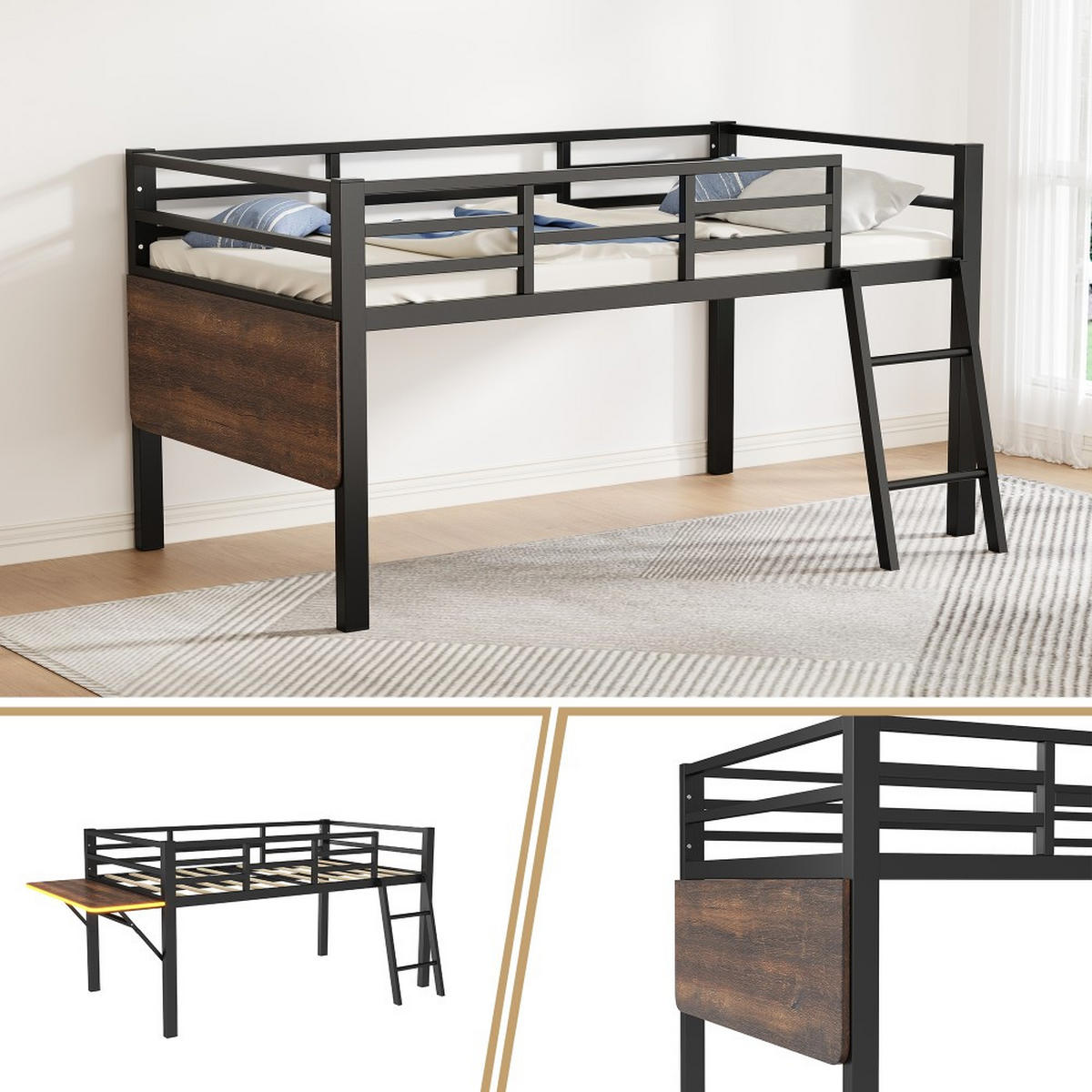 METALLBETT 90 x 200 cm in Schwarz mit LED-Lichtband - Schwarz, Metall (90/200cm) - KOMHTOM