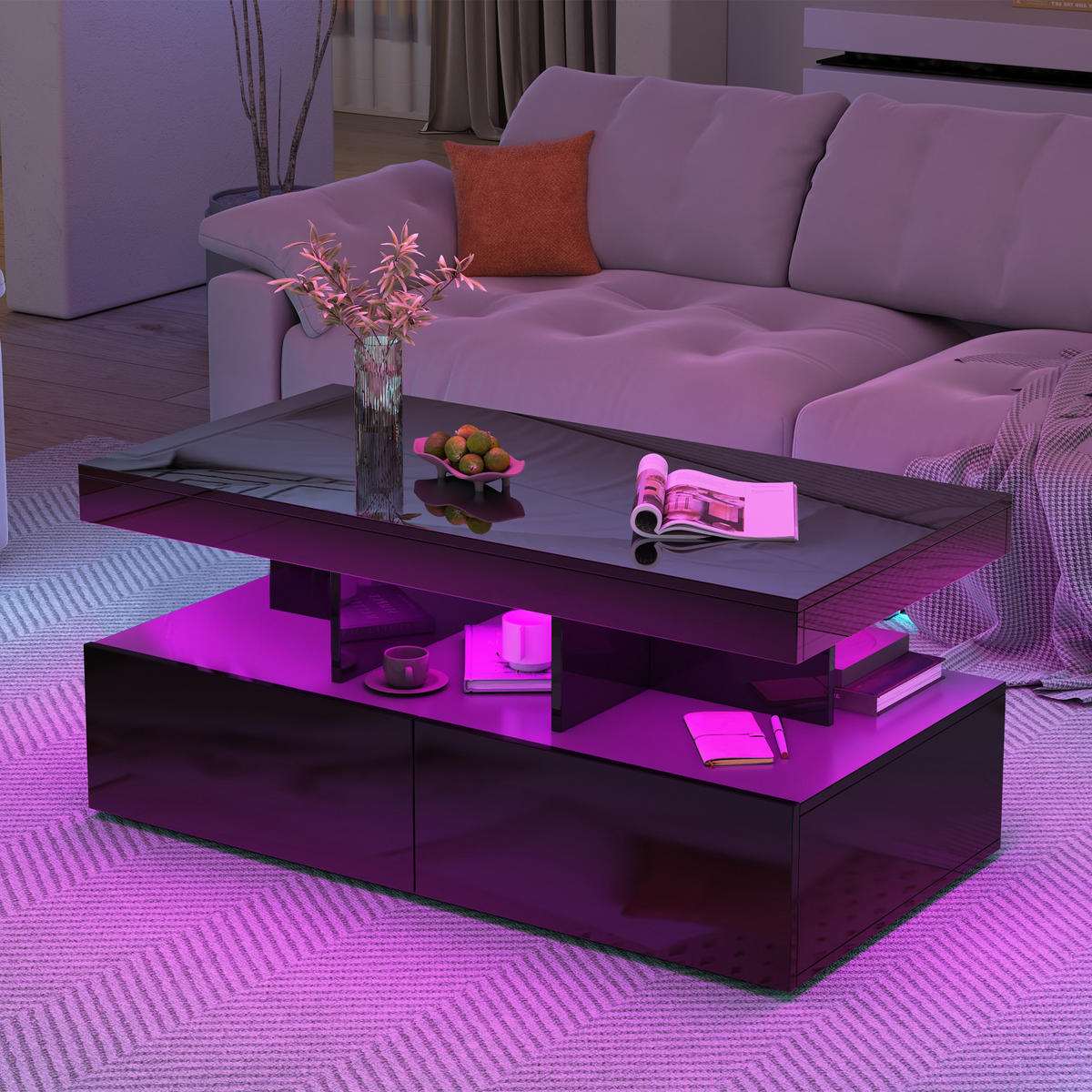 COUCHTISCH,WOHNZIMMERTISCH mit LED-Beleuchtung und Schubladen,Schwarz - Schwarz, Metall (104/53/46cm) - PARAFTA HOME