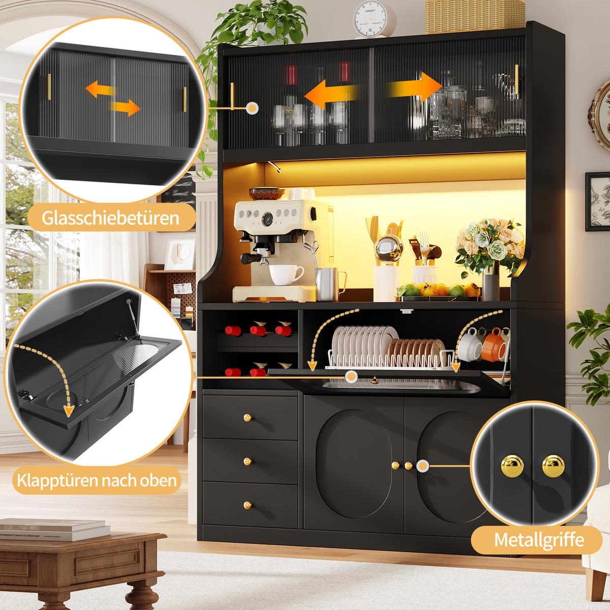 BUFFET DE-38487 120/40/180 cm mit LED-Beleuchtung und Weinregal Schwarz - Schwarz, Holzwerkstoff (120/180/40cm) - ComfortXL