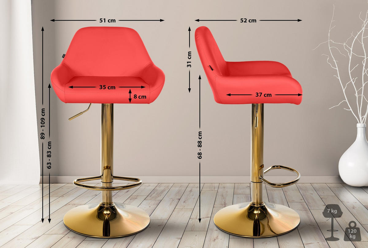 BARHOCKER Braga Gaslift 89-109 cm Rot - Rot, Leder (51/89/52cm) - furnicato