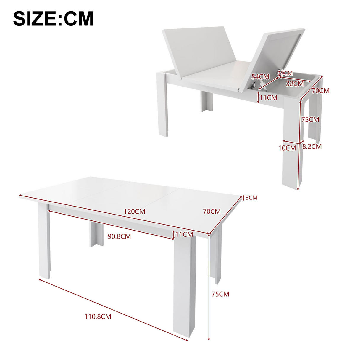 JEDÁLENSKÝ stôl 120/70 cm MDF biely s úložným priestorom - biela, kompozitné drevo (120/70/75cm) - BEAOK