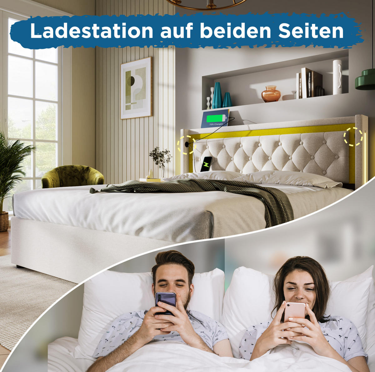 POLSTERBETT 140/200 cm Beige aus Baumwolle mit LED und Bettkasten - Beige, Textil (140/200cm) - OKMYHOME