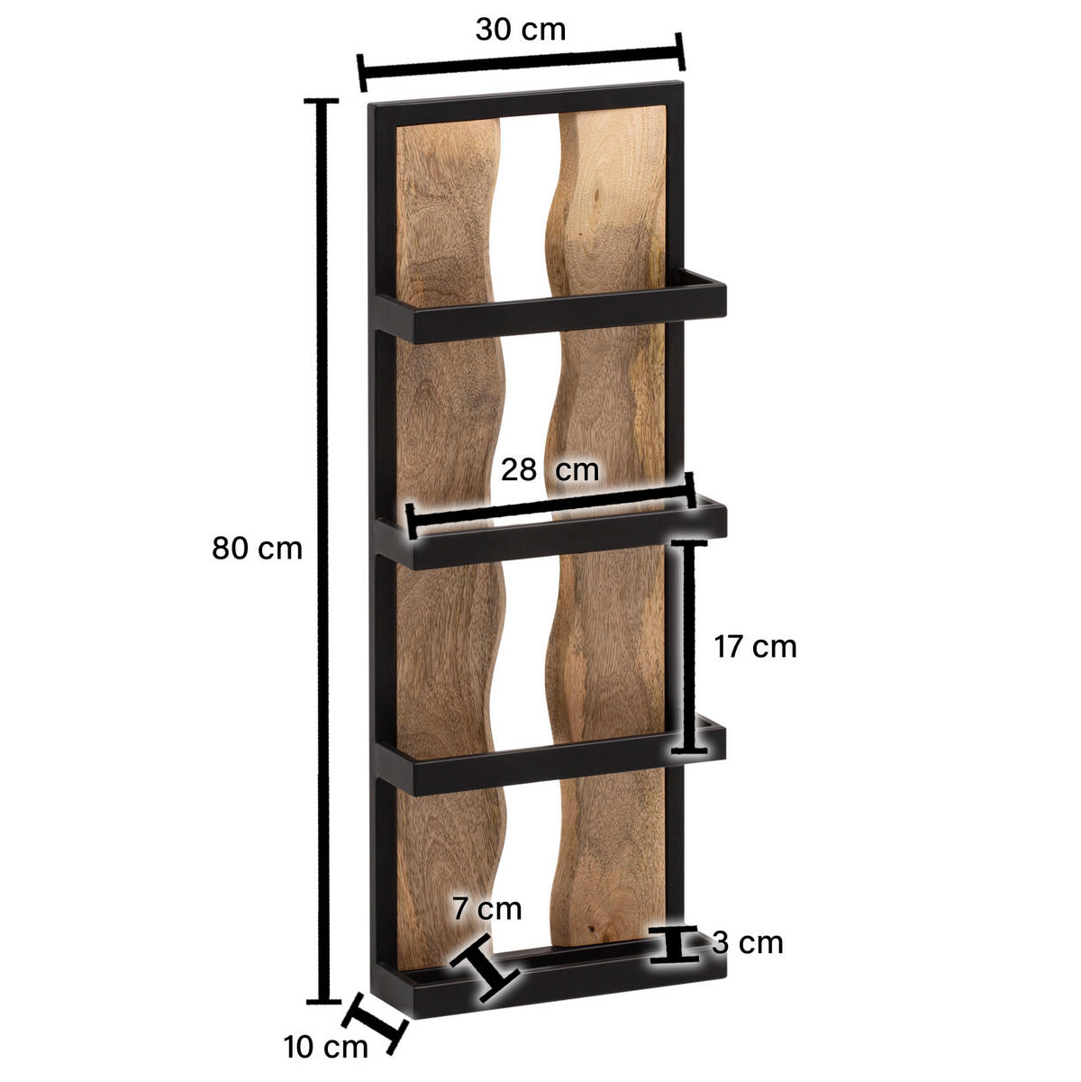 WANDREGAL Mango Massivholz Metall Industrial Stil 30x80x10 cm Rechteckig mit 4 Ablagen und Wellenmuster - Braun, Holz (80/30/10cm) - KADIMA DESIGN