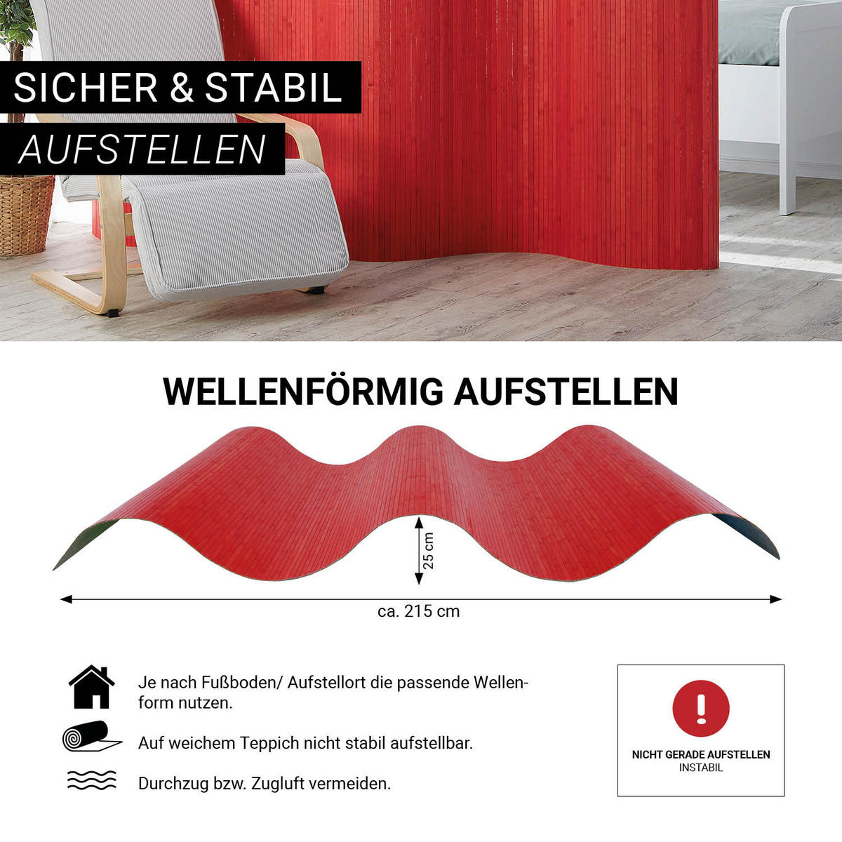 PARAVENT 250/200 cm Rot Raumteiler Bambus - Rot, Naturmaterialien (250/200/1cm) - Homestyle4u