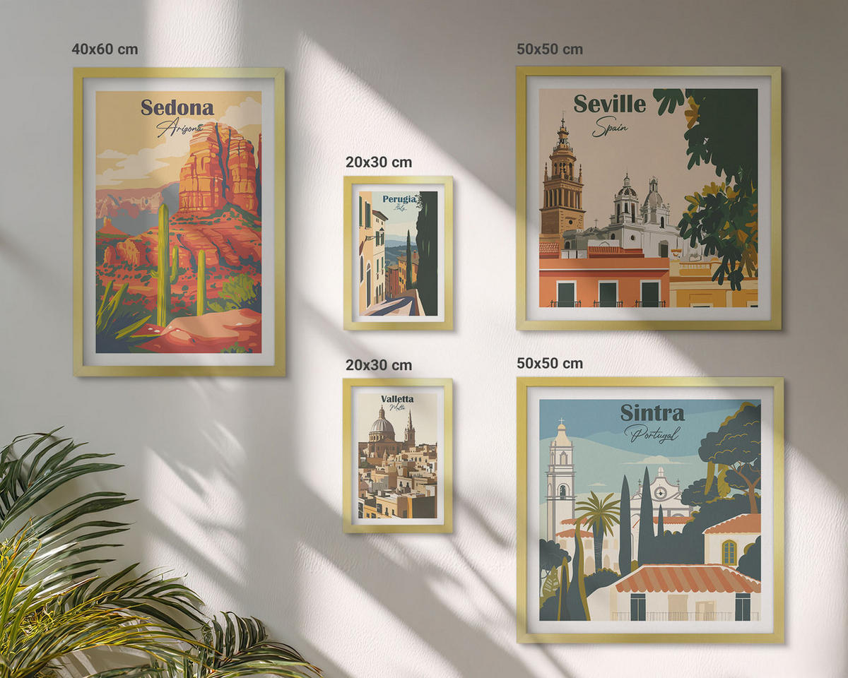 BILDER SET 5er Set - 50x50 cm & 20x30 cm & 40x60 cm Goldrahmen - Illustrationen von Küstenstädten - Goldfarben, Kunststoff (40/60cm) - TULUP