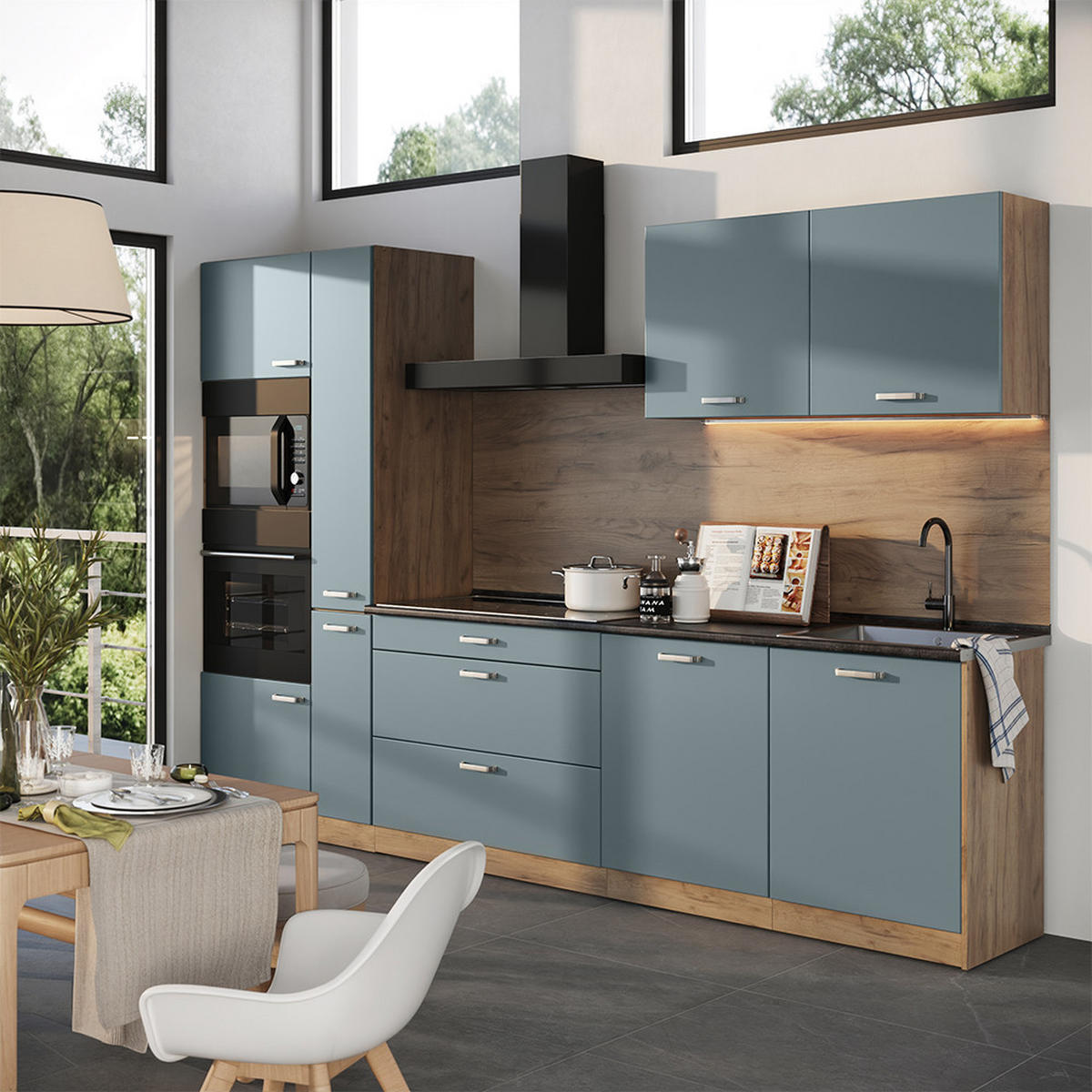 KÜCHENZEILE R-Line, Blau-Grau/Goldkraft Eiche, 310 cm Arbeitsplatte Anthrazit - Honigeiche/Blaugrau, Holzwerkstoff (310/206.8/60cm) - Vicco