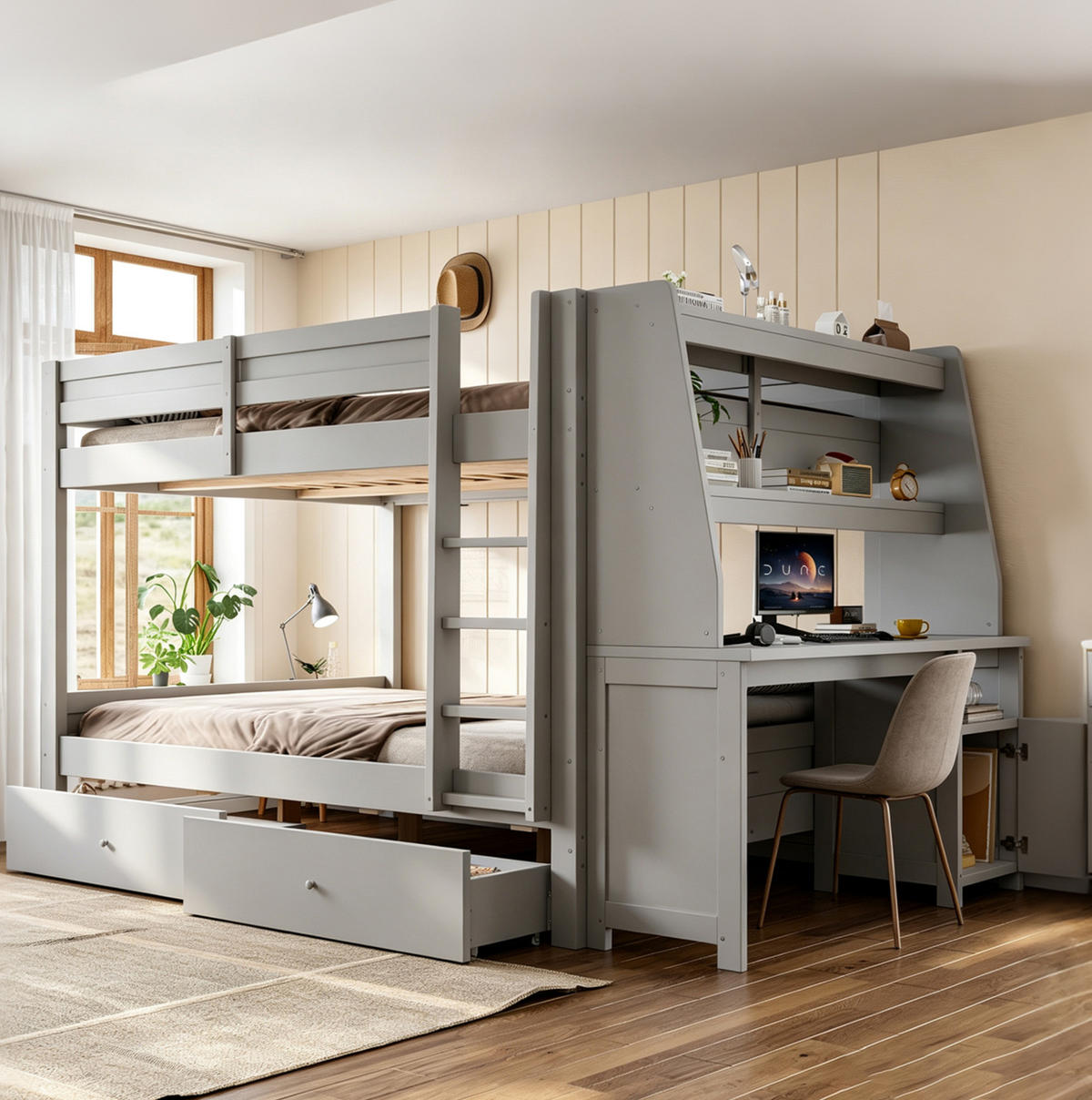 ETAGENBETT 140x200 cm in Grau mit Schreibtisch, Stauraum und 2 Schubladen - Grau, Holz (140/200cm) - IVMEU