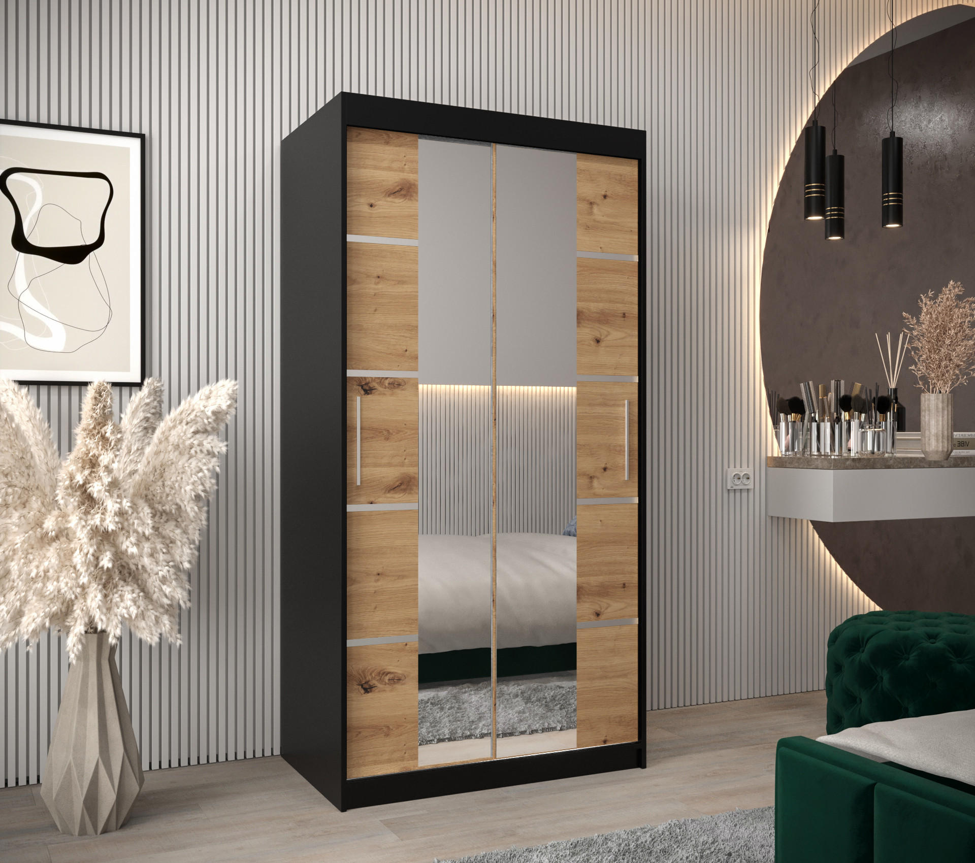 SCHWEBETÜRENSCHRANK 200/100/62 2-türig - Silberfarben/Schwarz, Holz/Kunststoff (100/200/62cm) - Abiks Möbel
