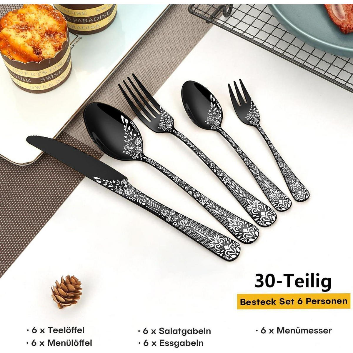 BESTECKSET 30-teilig für 6 Personen Schwarz mit Blumenmuster - Schwarz, Metall