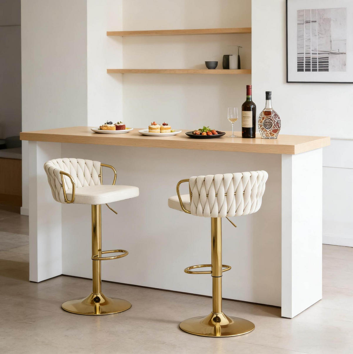 BARHOCKER 2er-Set höhenverstellbar drehbar Samt Cream White - Weiß, Metall (49.5/98/50.51cm) - Meubliv
