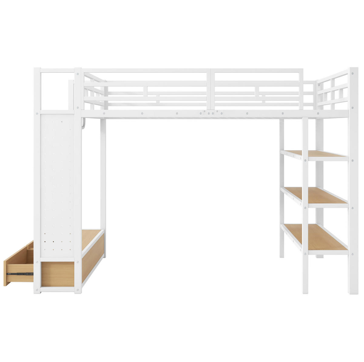 HOCHBETT aus MDF und Metall 140x200 cm Weiß mit Kleiderschrank, Lochwand, LED-Beleuchtung und Stauraum - Weiß, Holzwerkstoff (140/200cm) - Modfu