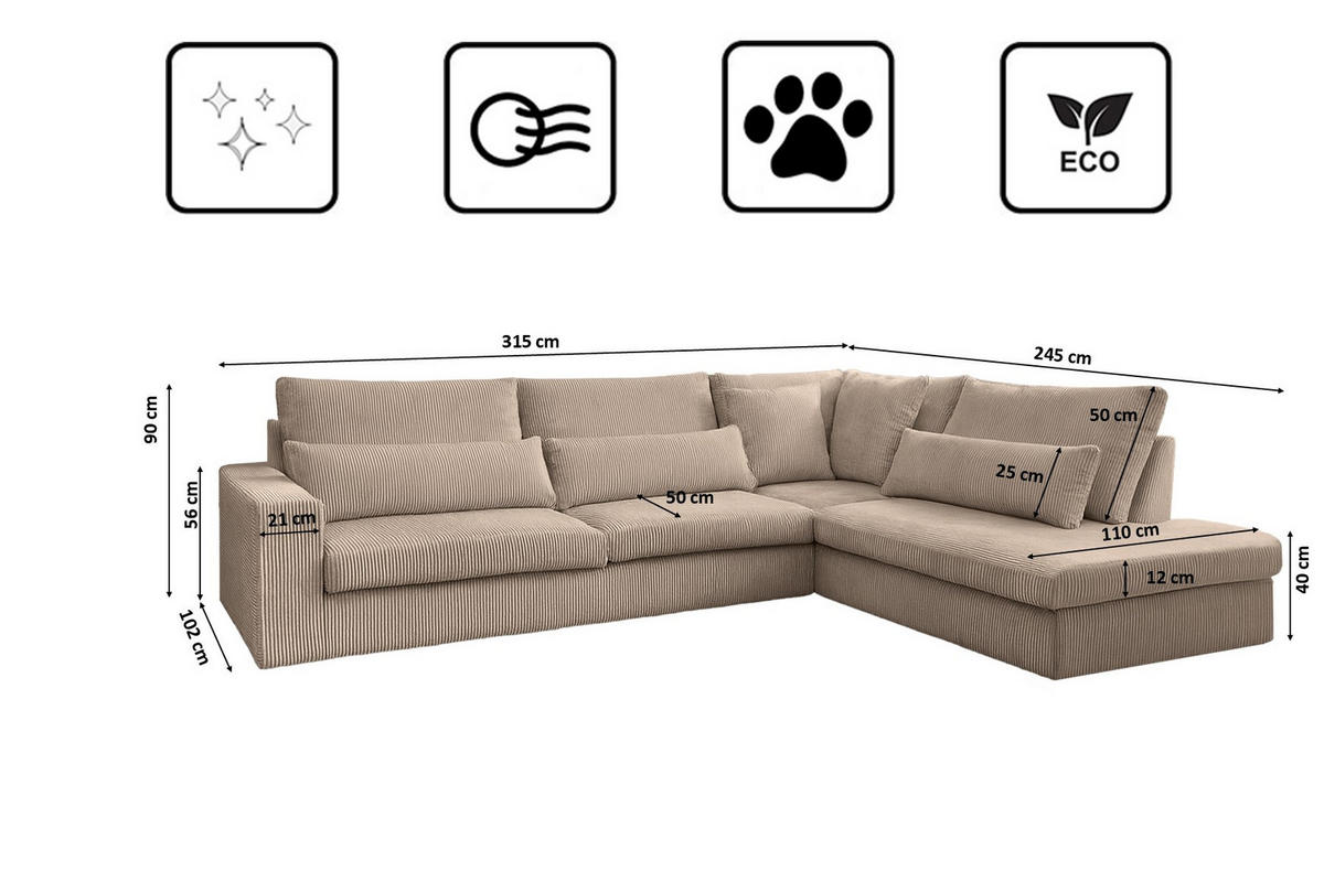 ECKSOFA L-Form SVEN Stoff Poso Dunkelbeige Rechts - Beige, Textil (315/245cm) - Kaiser Möbel