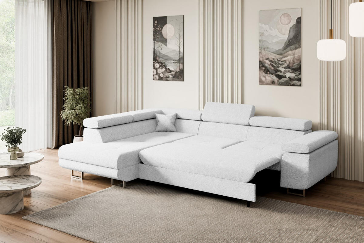 ECKSOFA mit Schlaffunktion und Bettkasten GUSA-L 272x202x107 cm Weiß Bouclé - Silberfarben/Weiß, Holzwerkstoff/Textil (202/272cm) - ALTDECOR