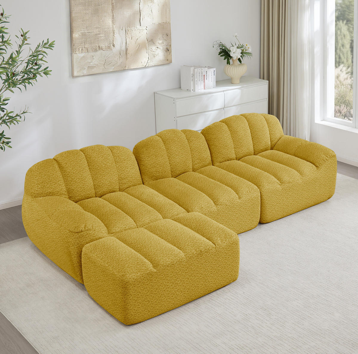 SOFA 288/165/79 cm in Gelb aus Granuliertem Fleece mit Ottoman - Gelb, Textil (165/79/288cm) - Flora Grace