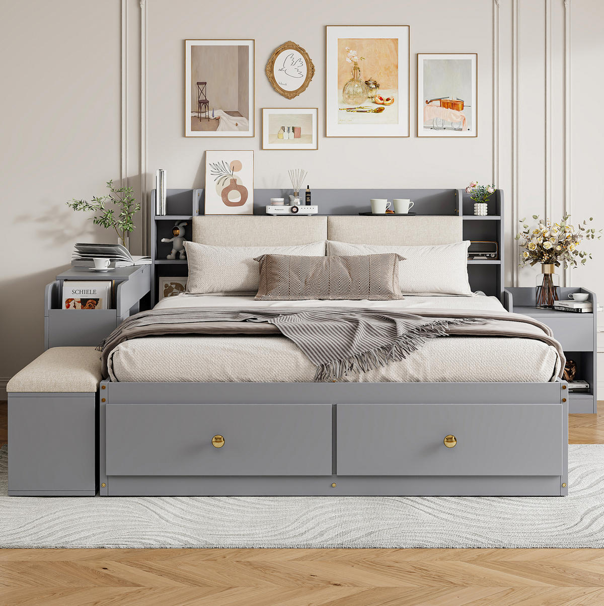 BETT aus 140x200 cm Grau mit gepolstertem Kopfteil, Schubladen, Nachttisch, Sofabank und Stauraum - Grau, Holzwerkstoff (140/200cm) - Modfu