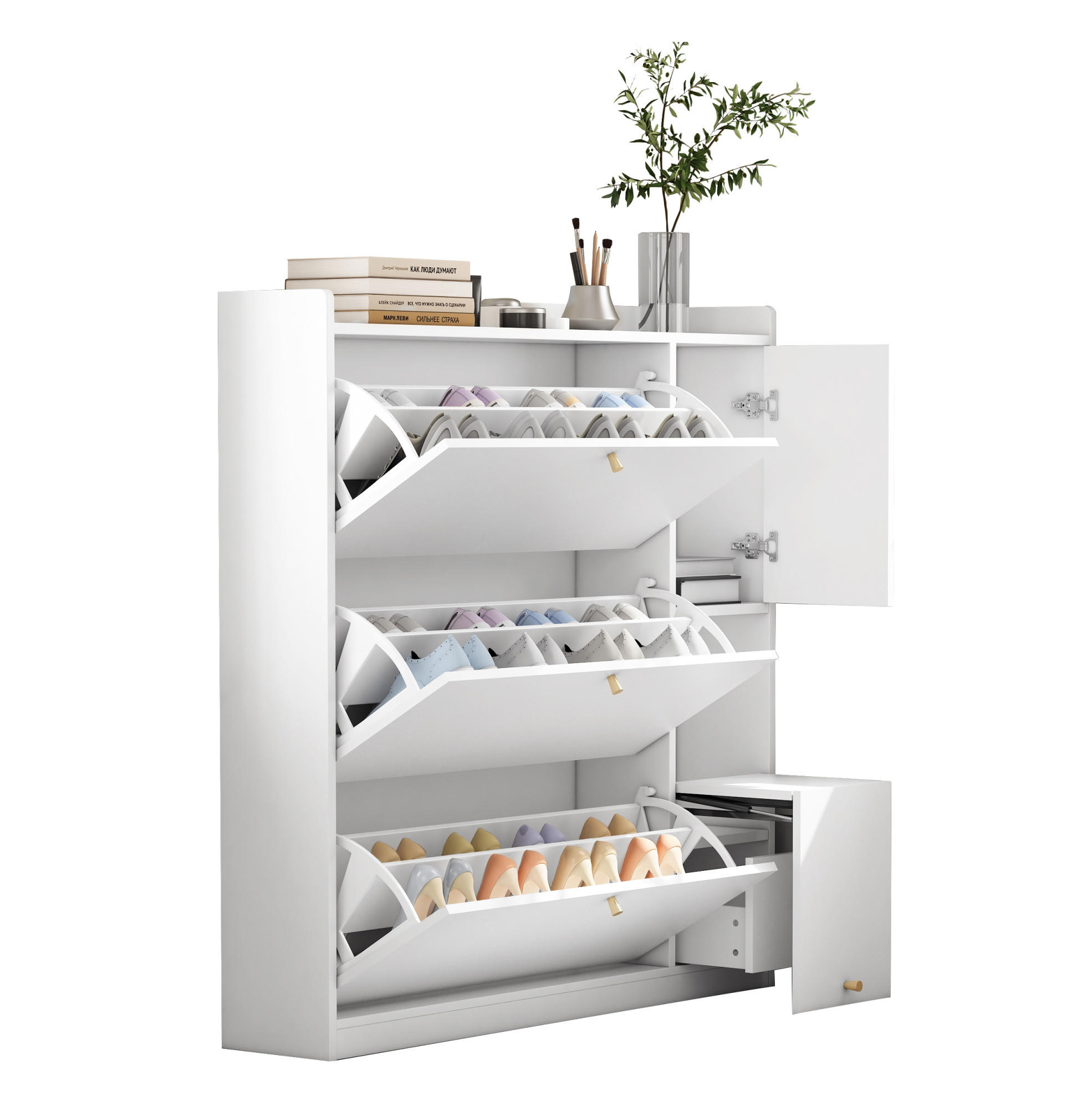 OKWISH BOTNÍK 119/24/122 cm bílý z dřevotřísky s výklopnými zásuvkami a sedací lavicí